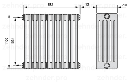 Схема (чертеж) Радиатор Zehnder Charleston 6110/12 №1270 Белый глянцевый RAL 9016